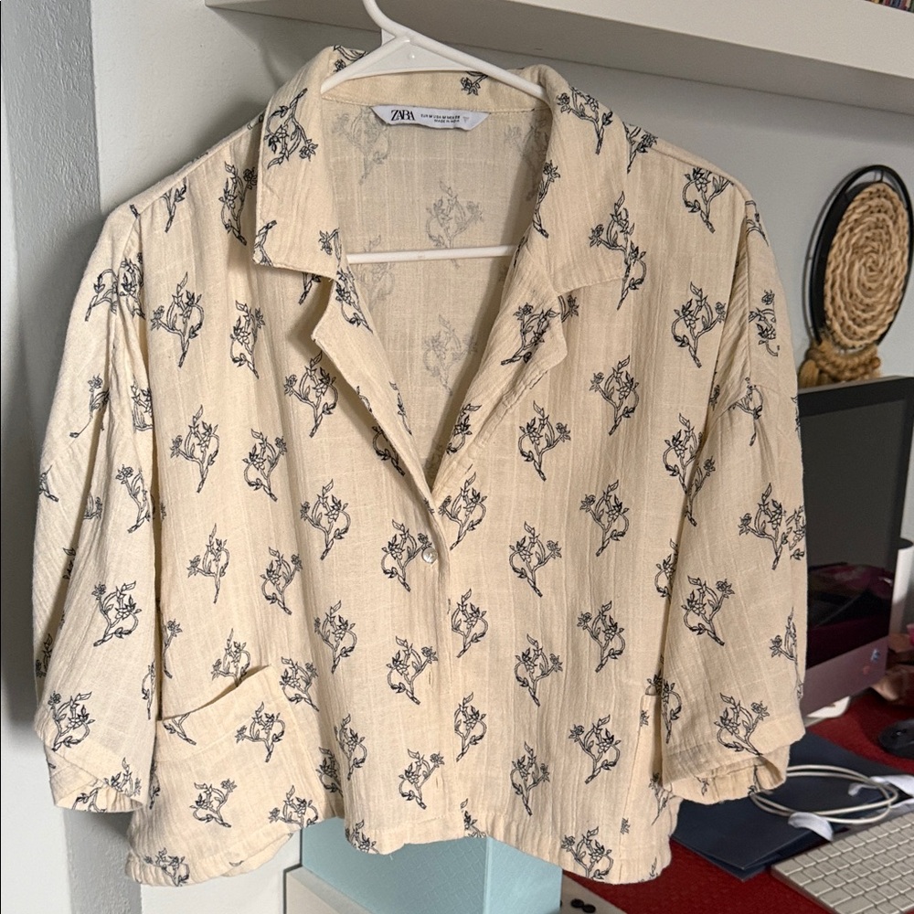 Zara Cream Blouse with Black Floral Print